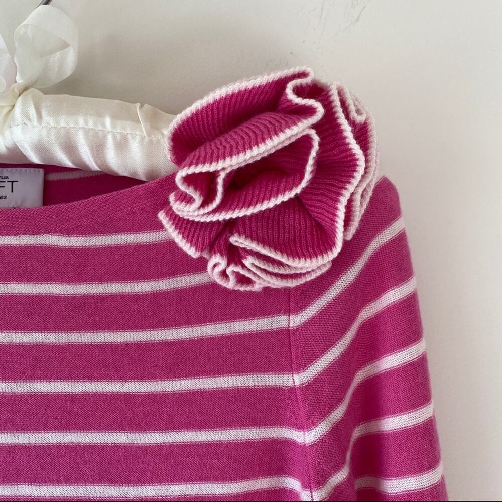 Loft Merino Wool Striped Knit Pink Sweater with Flower